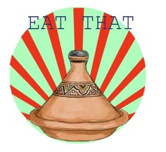 an illustration of a vase with the words eat that on it and sunbursts in the background