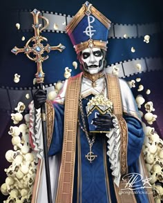 a painting of a skeleton wearing a crown and holding a cross in front of popcorn