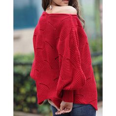 Red Knit Hollow-out Crew Neck Pullover Sweater Casual Red Tops With Pointelle Knit, Casual Red Pointelle Knit Top, Red V-neck Sweater For Fall, Red Long Sleeve V-neck Sweater For Winter, Red Textured Knit Cardigan For Fall, Oversized Pointelle Knit Sweater For Fall, Red Knitted Long Sleeve Tops, Red Textured Knit Long Sleeve Cardigan, Cozy Red Long Sleeve Sweater