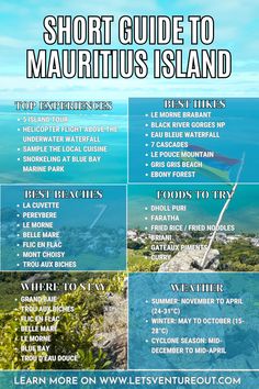 the short guide to mauritus island is shown in blue and white with text