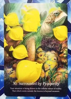 a card with an image of a turtle surrounded by yellow fish