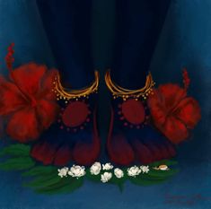 two pairs of red shoes with flowers on them