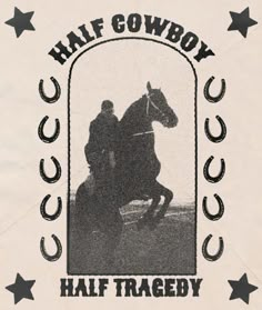 a black and white photo of a man riding on the back of a horse with stars around it