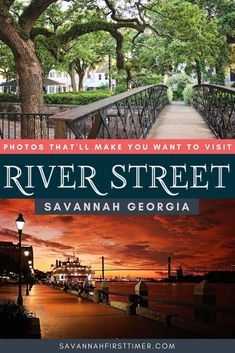 the river street sign in savannah, ga with trees and buildings behind it at sunset