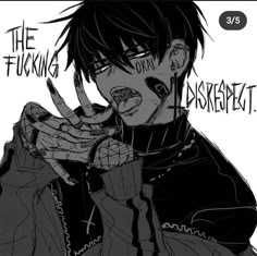 an anime character with black hair holding his hand up to the camera, and text that reads