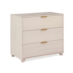 a white dresser with two drawers and gold handles on the bottom, against a white background