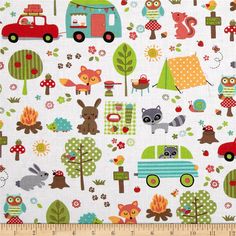 a white fabric with animals and trees on it, including an orange truck, red car,