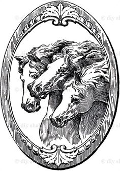 a black and white drawing of two horses in a circle with an ornate border around it