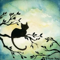 a painting of a cat sitting on top of a tree branch in front of the moon