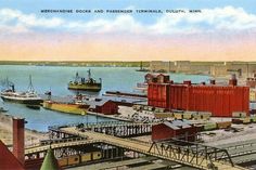 an old postcard shows boats docked at the docks