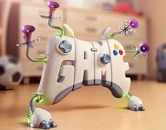 an advertisement for the nintendo wii game console, featuring a robot playing with soccer balls