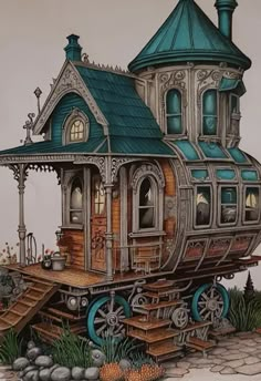 a drawing of a train car with a house on it