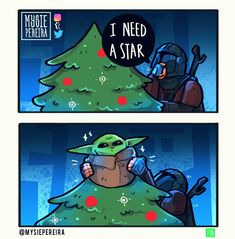 a comic strip with an image of a baby yoda sitting on top of a christmas tree