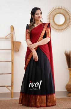 Black Half Saree Lehenga, Black And Red Half Saree, Half Saree Lehenga Narayanpet, Black Narayanpet Half Saree, Langa Dhawani Blouse Design, Poses On Half Saree At Home, Black Pattu Lehenga Half Saree, Cotton Half Saree Designs, Half Saree Patterns