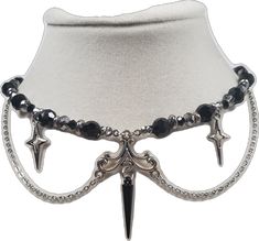 Silver Fantasy Choker Adjustable, Adjustable Black Fantasy Choker, Adjustable Silver Fantasy Choker, Adjustable Gothic Beaded Necklace As Gift, Adjustable Gothic Beaded Necklace For Gift, Y2k Party Jewelry Handmade, Y2k Handmade Party Jewelry, Fantasy Style Black Necklace, Fantasy Style Adjustable Black Necklace