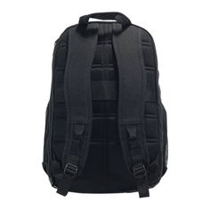 a black backpack with straps on the front and back side, it has a zippered pocket