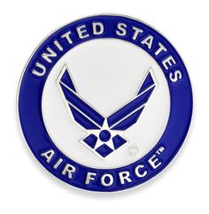 the united states air force emblem is shown in blue and white on a white background