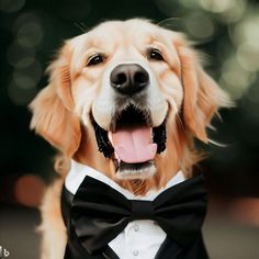 a golden retriever wearing a tuxedo and bow tie with his mouth open