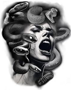 a black and white drawing of a woman with snakes on her head, mouth wide open