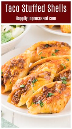 Taco inspired stuffed shells with savory beef, Enchilada sauce and cheese Cheesy Stuffed Taco Shells, Mexican Stuffed Shells, Shell Pasta Recipes, Simple Dinners, Recipe Hacks, Spicy Tacos, Course Ideas, Taco Shells, Homemade Enchilada Sauce