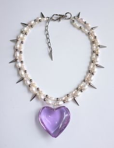 handmade freshwater pearls with purple lampworl glass heart pendant stainless steel necklace,Y2k unisex jewelry/gothcore/ 40+6cm Dm to change the length or color of the heart. Puff Heart Glass Necklace, Edgy Purple Jewelry For Gift, Edgy Purple Jewelry For Gifts, Edgy Purple Jewelry As Gift, Necklace Y2k, Keshi Pearl Necklace, Gothic Accessories, Purple Pearl, Keshi Pearls