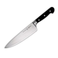 a large knife with a black handle on a white background