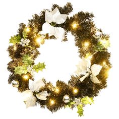 a christmas wreath with white and green decorations