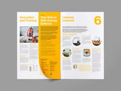 an open brochure with images of people in the background and text that reads innovation and training safe energy delivered delivery