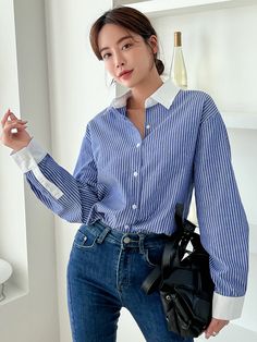 Blue Striped Blouse Outfit, Check Shirts For Women, Striped Blouse Outfit, Contrast Collar Shirt, Vertical Striped Shirt, Work Outfit Inspiration, Simple Casual Outfits, Polo Outfit, Blue Striped Blouse