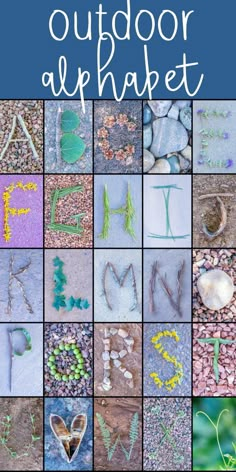 an outdoor alphabet made out of rocks and grass