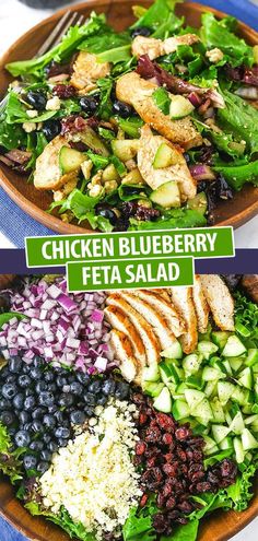 two plates filled with chicken, blueberry and feta salad on top of each other