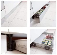 three pictures show the inside of a kitchen cabinet with canned beverages in it, and an open drawer on the floor