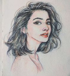 a pencil drawing of a woman's face with long, wavy hair and orange lipstick