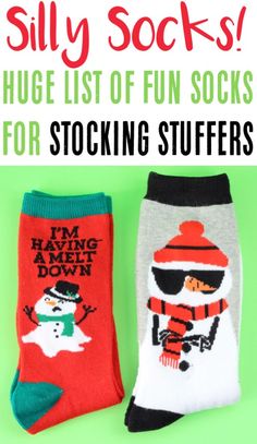 two socks with the words silly socks on them, and an image of snowmen