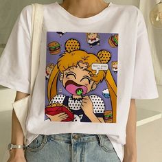 Sailor Moon Summer New Fashion T Shirt Women Harajuku Short Sleeve Fun Ulzzang T-Shirt Cute Cat Tshirt Cartoon Top Tees Female Sailor Moon Shirt, Harajuku Sweatshirt, Cartoon Tops, Sailor Moon Usagi, Moon Shirt, Usagi Tsukino, Aesthetic T Shirts, Zooey Deschanel, Fashion T Shirt