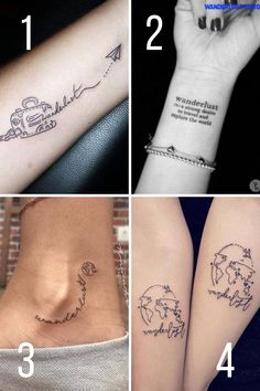 four different tattoos on the arms and legs, each with an airplane flying above them