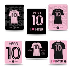 four pink and black soccer cards with the number 10, messi, messi