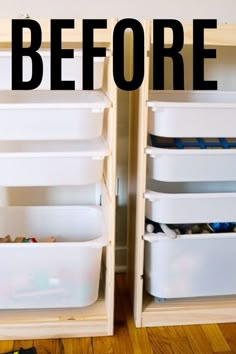 two white bins on top of each other with the words before and after above them