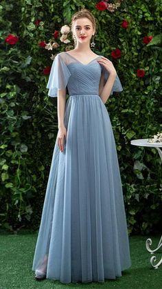 V Neck Gown With Sleeves, A Line Bridesmaid Dresses, Prom Dress With Short Sleeves, Tulle Long Prom Dress, Kelly Brown, Cheap Prom Dresses Long, Prom Dress Long, Formal Ball Gown, Dress With Short Sleeves