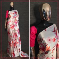 Satin Silk Saree, Peach Saree, Floral Print Sarees, Women Saree, Print Saree, Brocade Blouses, White Saree, Satin Saree, Dresses Indian