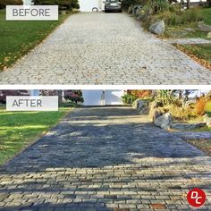 before and after photos of a brick driveway