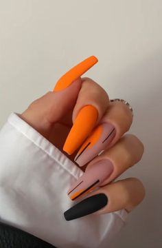 Orange Nails Coffin Long, Neon Black Nails Designs, Nails Acrylic Coffin Fall 2023, Long Fall Nails 2023, Short Fall Nail Designs 2023, Nails October 2023, Matte Acrylic Nails Design, Yellow And Black Nails Design, Cute Acrylic Nails For Fall