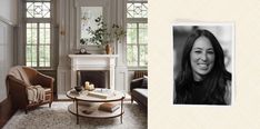 a living room with a couch, chair and fireplace next to a photo of a woman