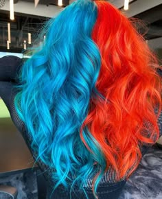 Red And Blue Hair Ideas, Blue And Red Split Dye, Blue And Orange Split Dye, Red And Green Hair Split, Red And Orange Split Dye, Blue Split Dye Hair, Red And Blue Hair Split, Split Dyed Hair Red And Orange, Teal Hair Color Turquoise