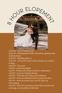 a flyer for an event with the words, 8 hour elopement on it