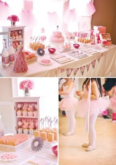 a collage of photos with pink and white decorations