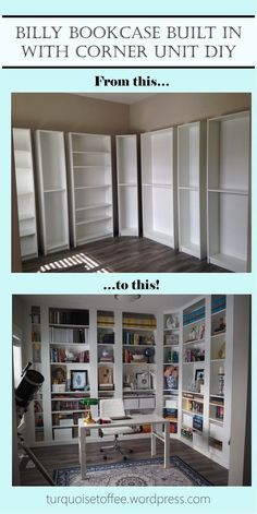 three different pictures with the words billy bookcase built in and corner unit diy