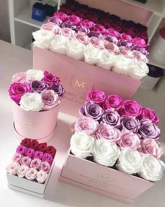 three pink and white boxes with roses in them