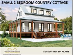 small 2 bedroom country cottage with porches and stairs to the second floor is shown