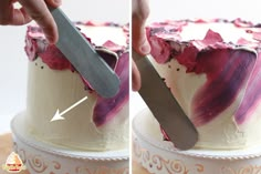 two pictures of a cake being cut with a large knife and another photo showing how to slice the cake